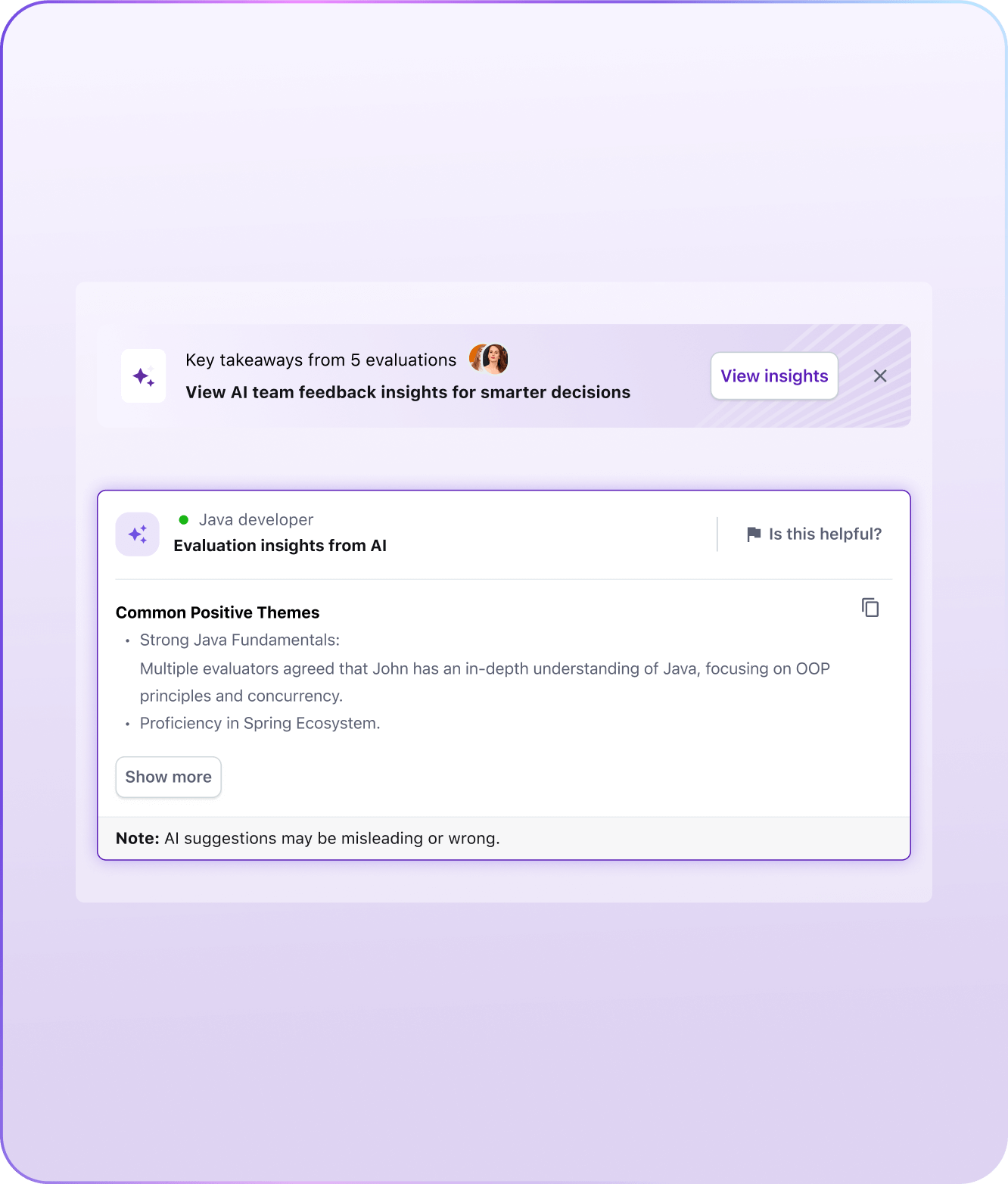 Tellent Recruitee AI Evaluation Insights panel summarizing interviewer feedback