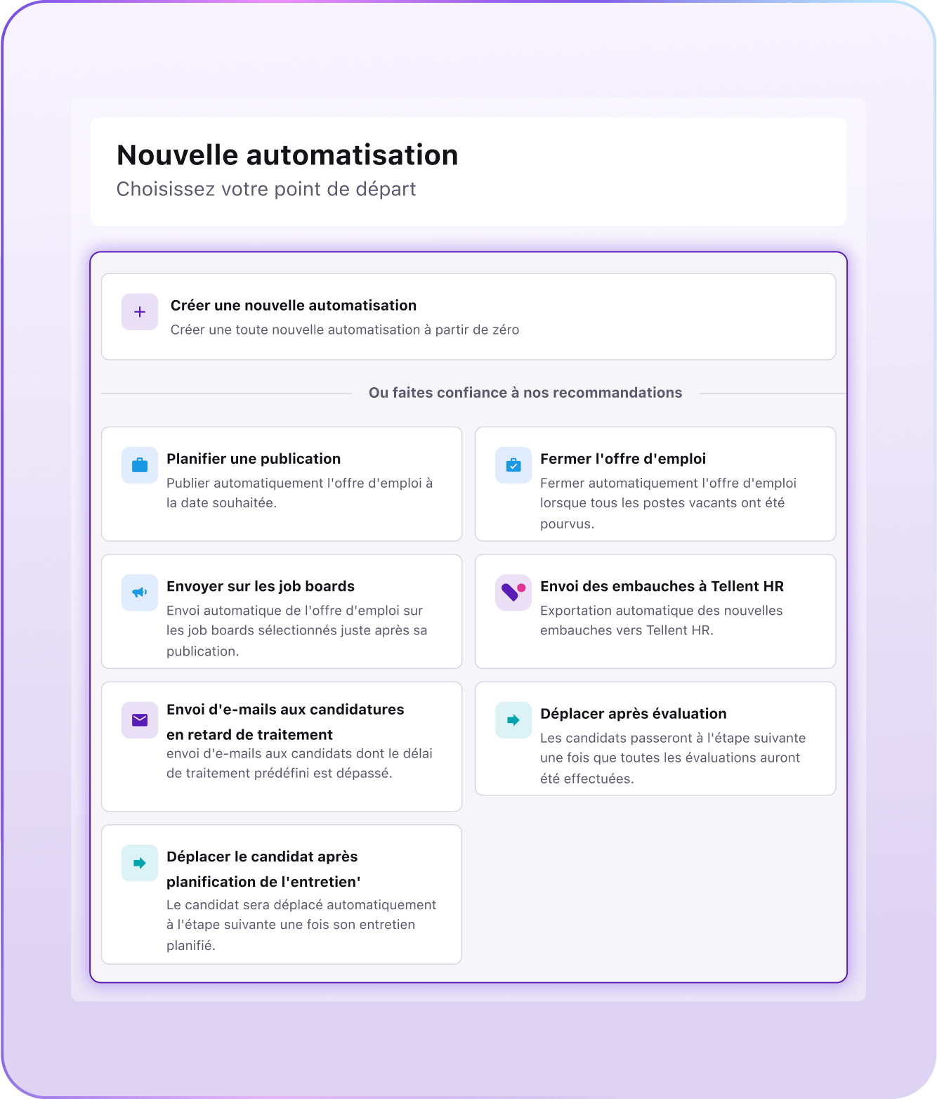 Exemple de nouvelles automatisations de flux de travail pour le recrutement au sein de Tellent Intelligence