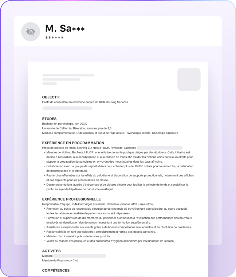 Exemple de masquage d’informations sensibles dans un CV par Tellent Intelligence