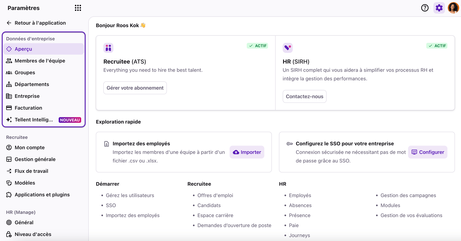 ATS et SIRH intégrés comme une plateforme de décision RH unifiée permettant de tout gérer dans un même espace de travail.