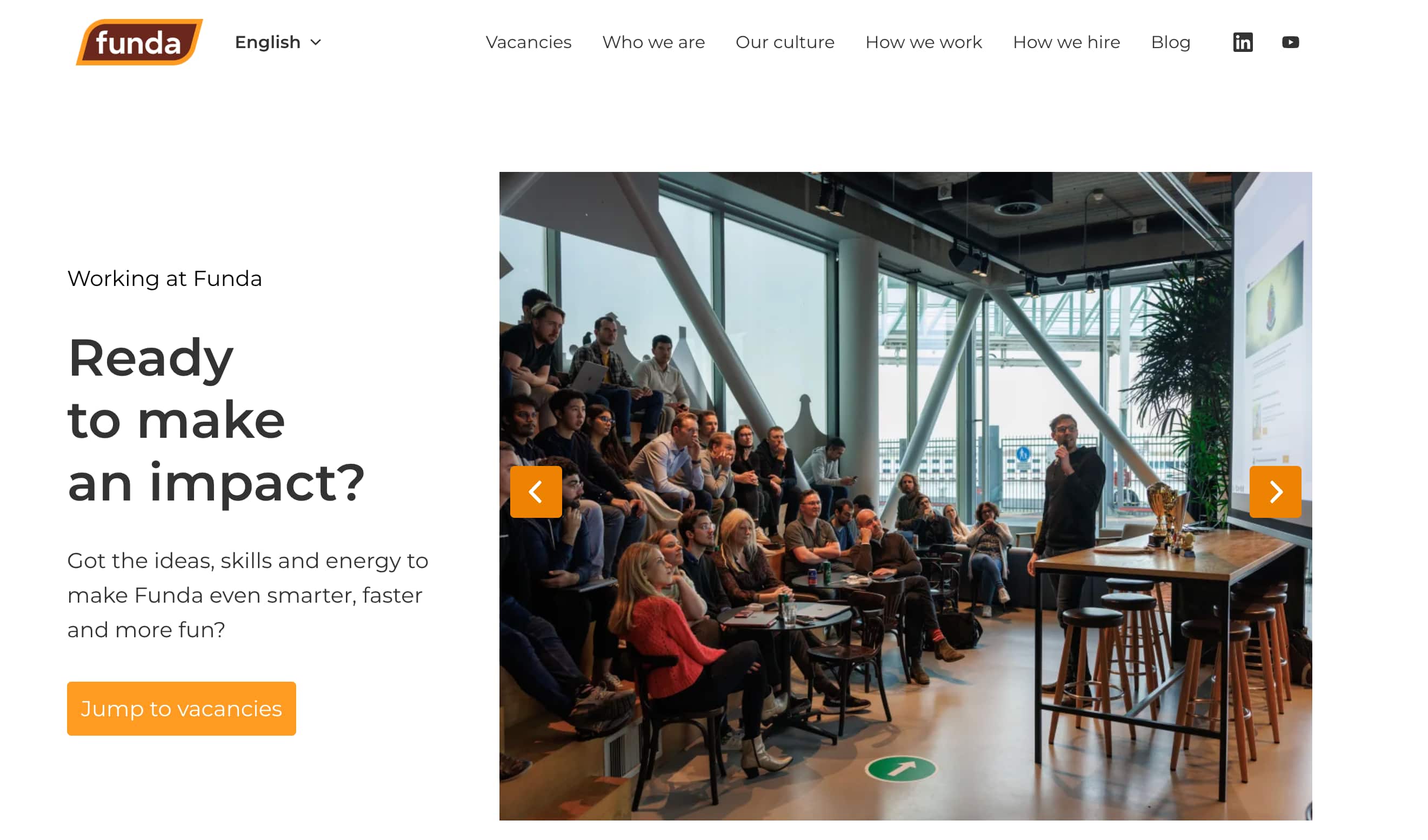 Funda career page showing "Ready to bring your A-game?" EVP headline and step-by-step hiring process