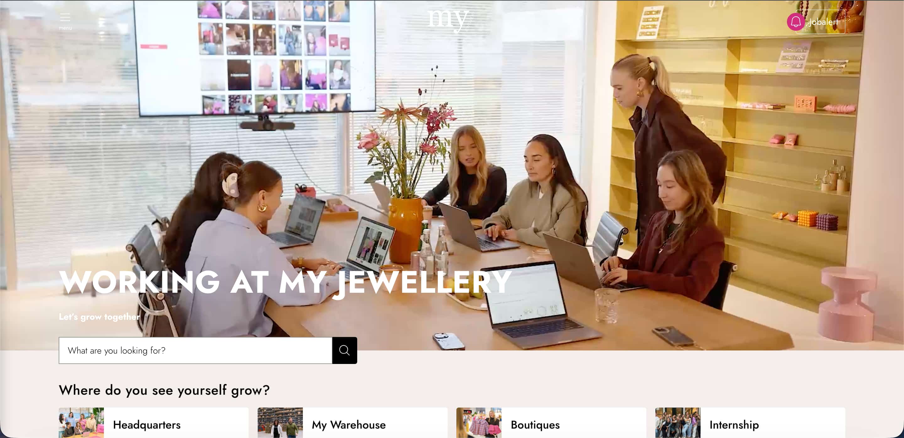 My Jewellery career page showing "Let's Grow Together" EVP and department navigation by role type