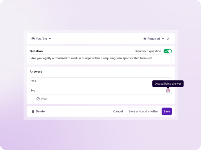 An example of a knockout question automation set up in Tellent Recruitee to filter out ineligible candidates