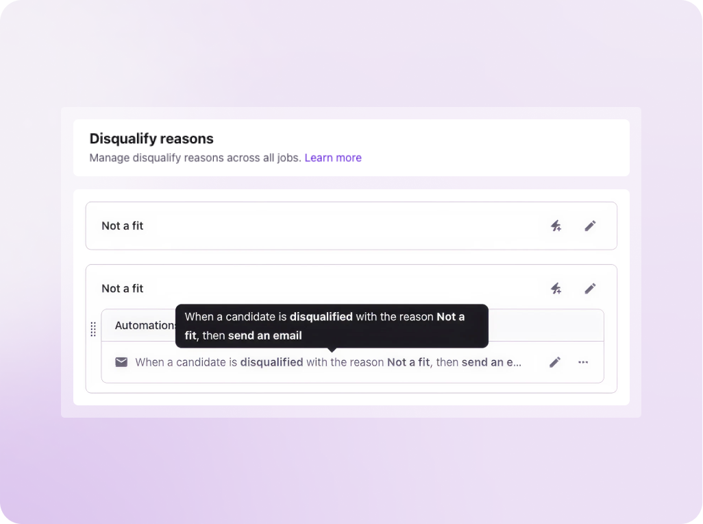 An example of a disqualification email automation in Tellent Recruitee