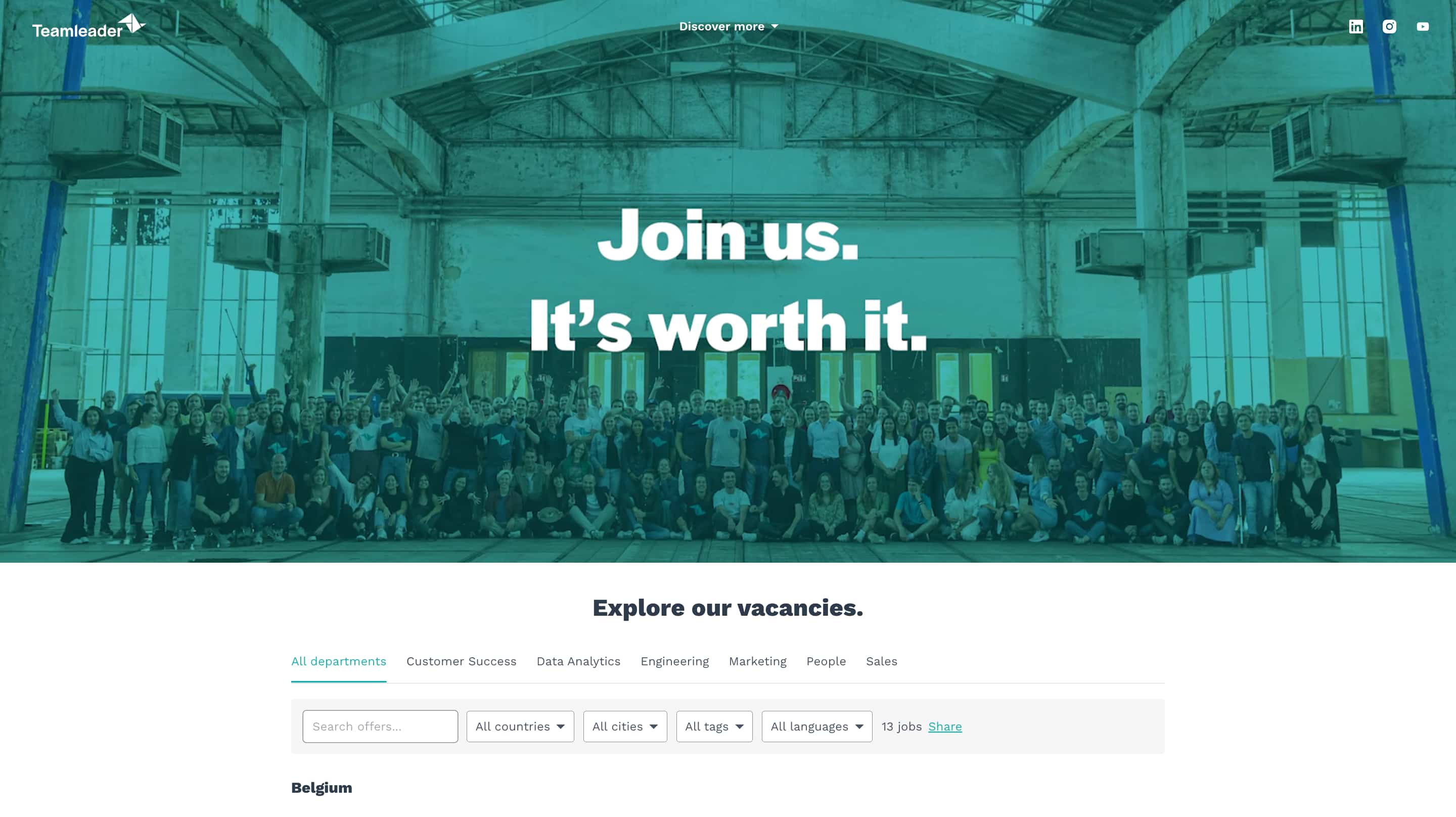 Teamleader career page showing hero video and job listings filtered by department, country, and city