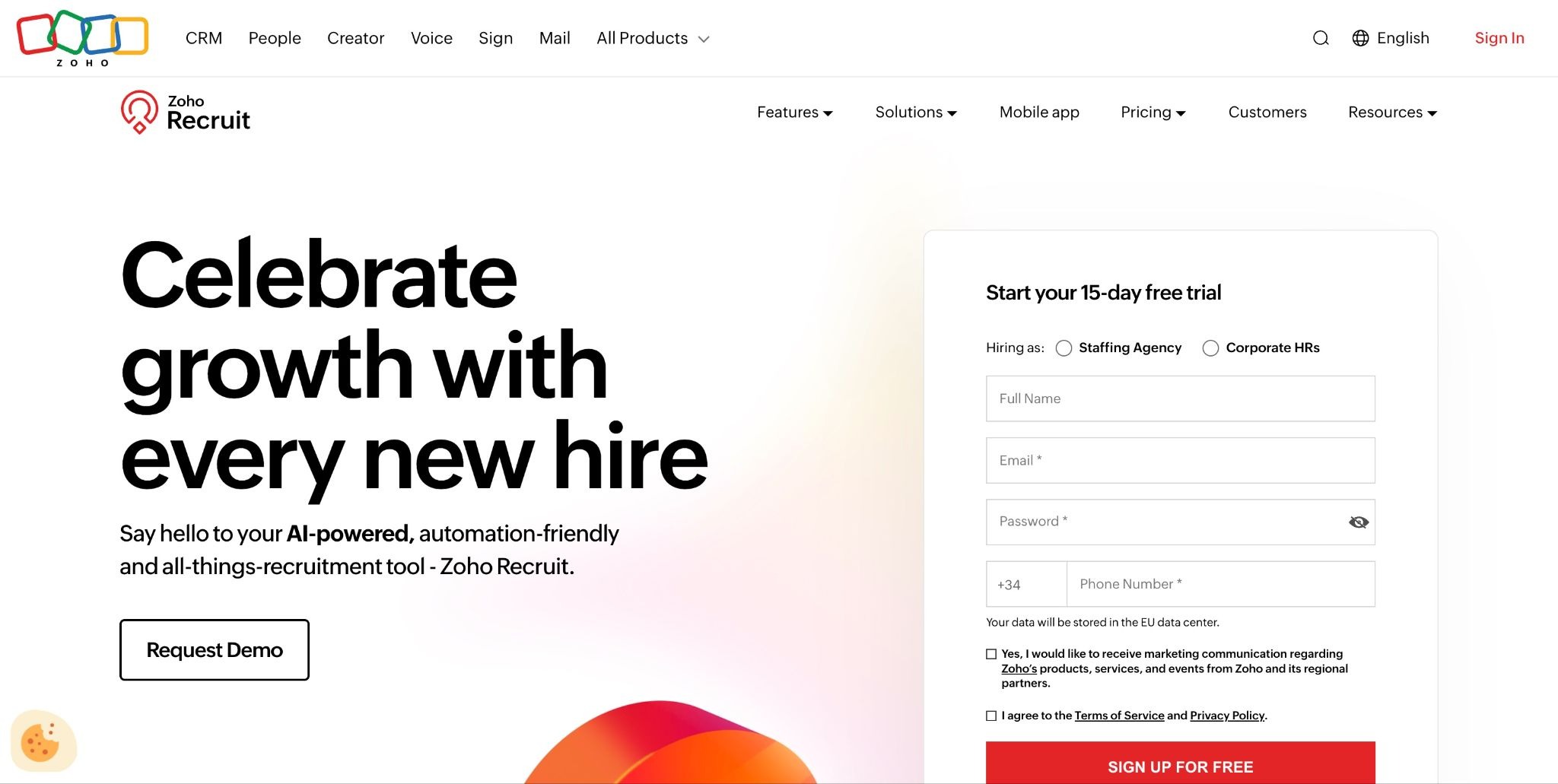 Zoho Recruit's homepage
