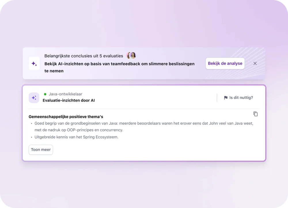Voorbeeld van evaluatie-inzichten door AI binnen Tellent Recruitee