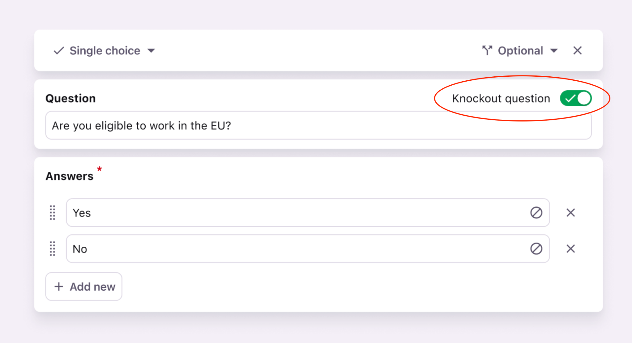 Set up knockout questions