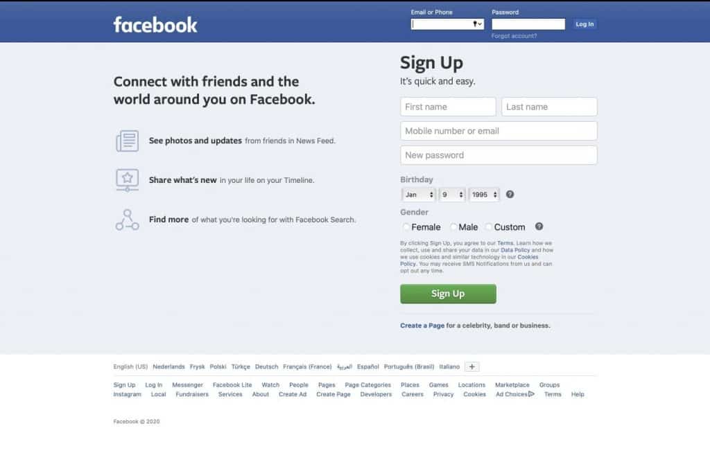 facebook homepage