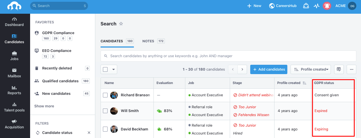 Recruitee's candidate management dashboard