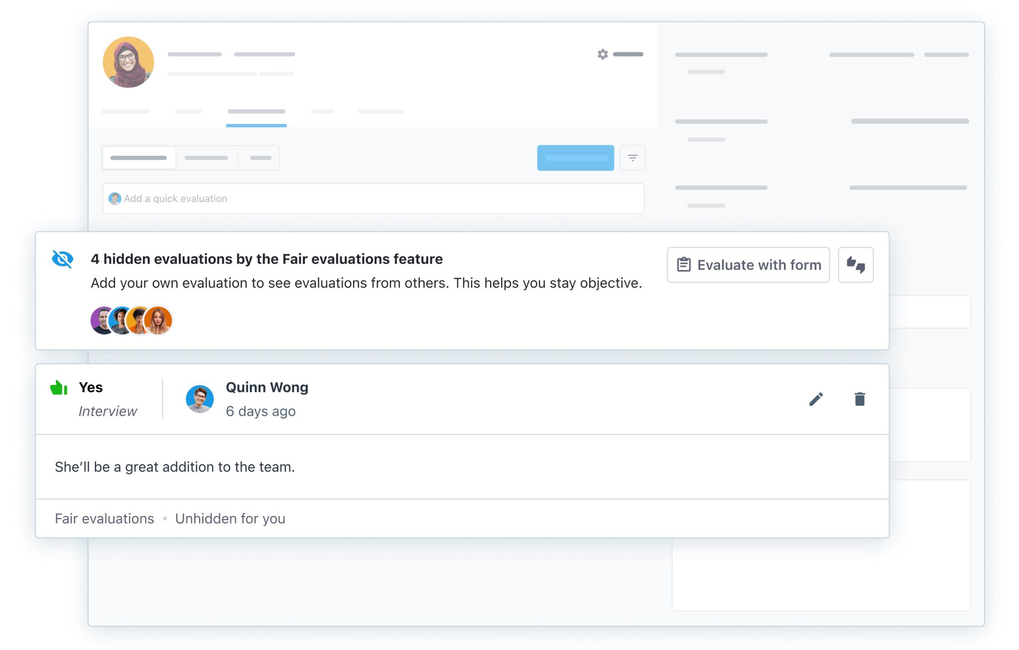 Candidate profile with the user’s own evaluation visible