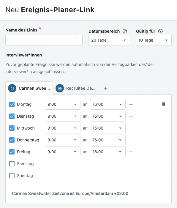 Screenshot der Konfiguration des Ereignis-Planer-Links in Recruitee