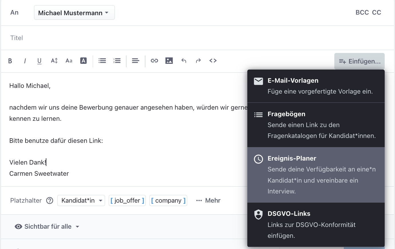 Screenshot der Software Tellent Recruitee, auf dem eine E-Mail mit einem Link zur Terminbuchung zu sehen ist.