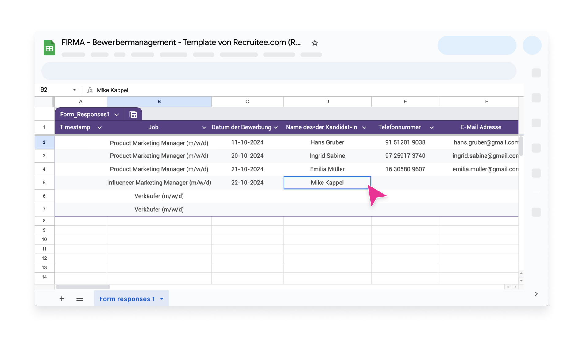 Screenshot einer einfachen Bewerbermanagement-Vorlage von Recruitee in Google Docs.