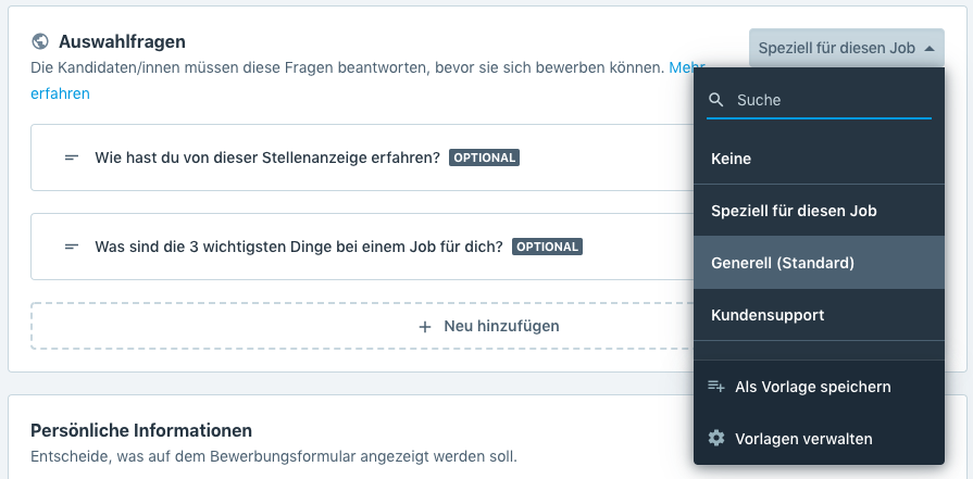 Screenshot von Auswahlfragen in Recruitee, mit denen Bewerbungen vorsortiert werden können.