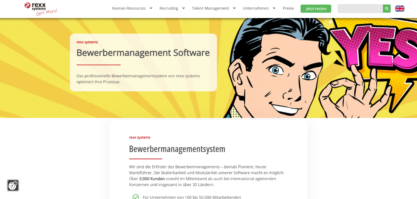 Screenshot der Startseite der Recruiting-Software Rexx Systems.